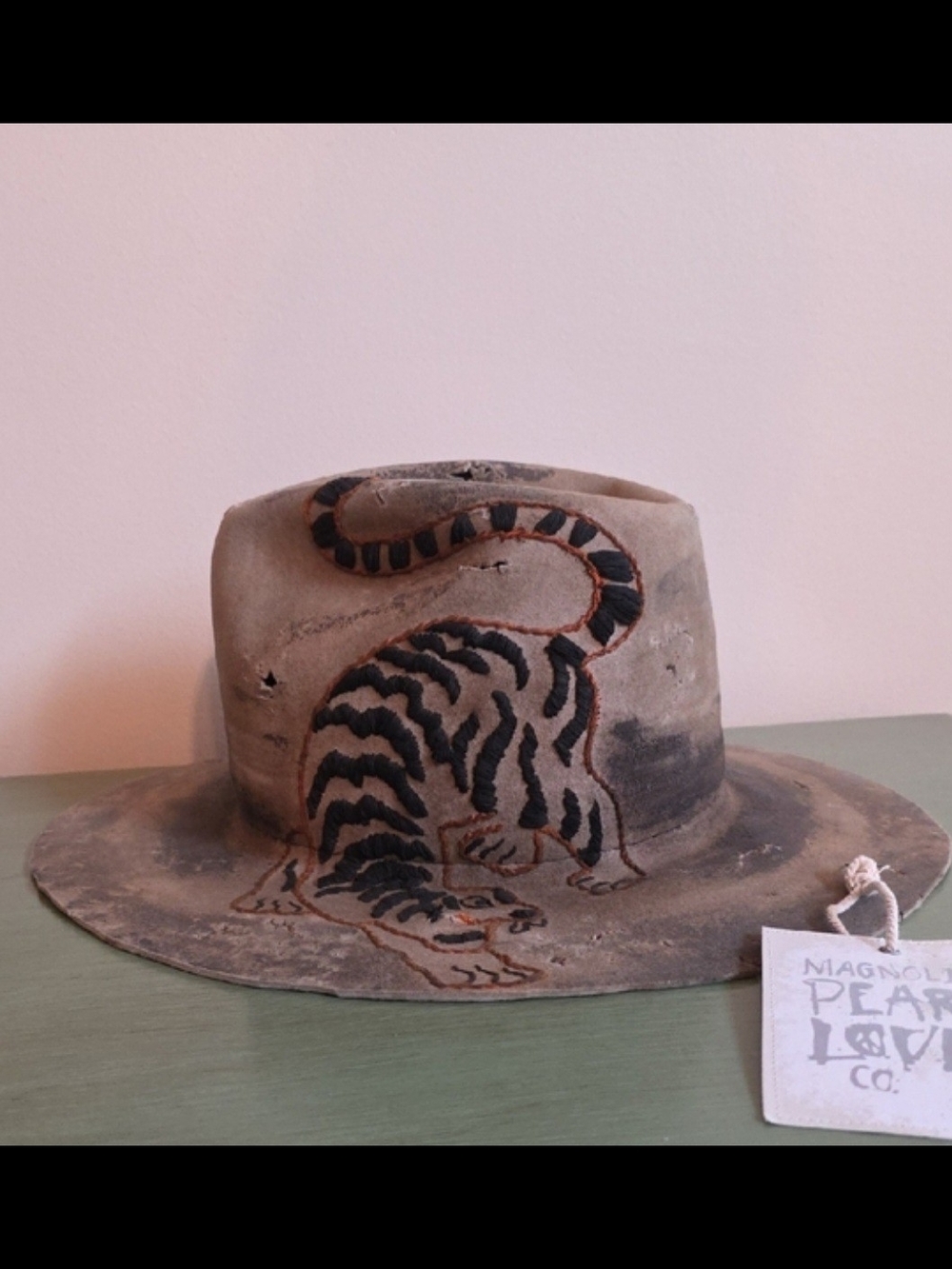 Magnolia Pearl Beige Suede Fedora with Embroidered Tiger Detail
